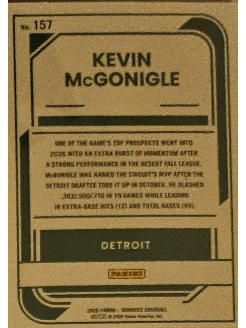 Kevin McGonigle - 2026 Donruss #157 - Rated Prospect - Detroit Tigers All Star
